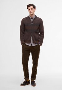 Brown knit cardigan with horizontal stripes, zipper closure, and round collar over a black and white checkered shirt, paired with olive pants and shoes.