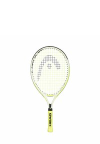 Yellow and white tennis racket with a circular head, black string pattern, and a textured grip. The logo "HEAD" is printed on the handle.