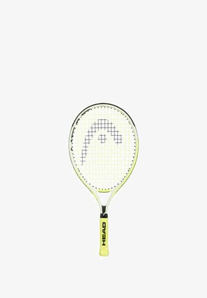 Raqueta de tenis amarilla y blanca con cabeza circular, patrón de cuerdas negro y empuñadura texturizada. El logo "HEAD" está impreso en el mango.