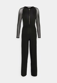 Combinaison noire au design ajusté, manches longues en tissu transparent, col rond et fermeture éclair à l'avant avec un tirette circulaire.