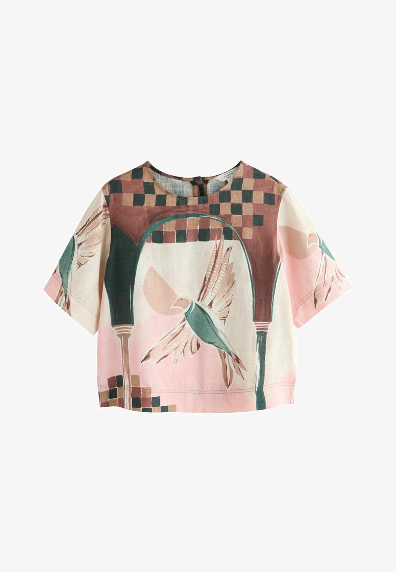 Haut en lin à manches courtes avec imprimé géométrique et oiseaux rose, vert et marron, présentant des motifs d'arche et un col rond.