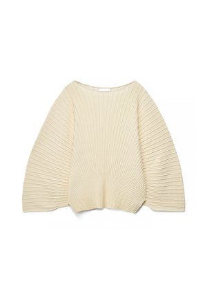 Roomkleurige, geribbelde trui met lange mouwen, brede, uitlopende mouwen en een aansluitende zoom, weergegeven op een witte achtergrond.