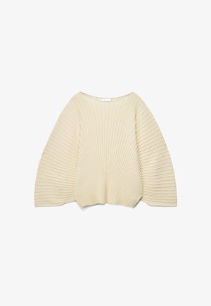 Kreemjas värvi soonikkoes pikkade varrukatega kampsun, millel on laiad lehvivad varrukad ja keha ümber kitsenev serv, valgel taustal eksponeeritud.