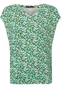 Top verde con escote en V, mangas cortas y un patrón floral de puntos blancos y turquesas. Confeccionado con un tejido ligero.
