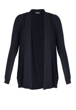 Navy vest met lange mouwen, open voorkant, zachte textuur, lichtgewicht stof en minimalistisch ontwerp. Geen sluitingen of zichtbare patronen.