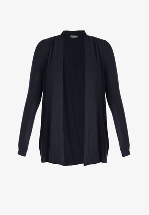 Navy vest met lange mouwen, open voorkant, zachte textuur, lichtgewicht stof en minimalistisch ontwerp. Geen sluitingen of zichtbare patronen.