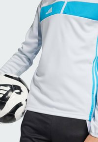 Maglia sportiva bianca a manica lunga con striscia orizzontale azzurro chiaro e dettagli, caratterizzata da tessuto liscio e la scritta "AEROREADY" vicino all'orlo; pallone da calcio tenuto in mano.