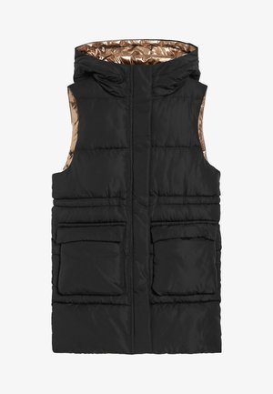 Gilet sans manches noir en duvet avec une doublure dorée brillante, doté d'une capuche et de deux poches avant, fabriqué en tissu rembourré et lisse.