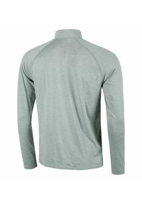 Langarmige, hellgrüne Sportshirt mit Stehkragen, leichtem Stoff und Raglanärmeln. Glatte Textur mit minimalen Nähten.