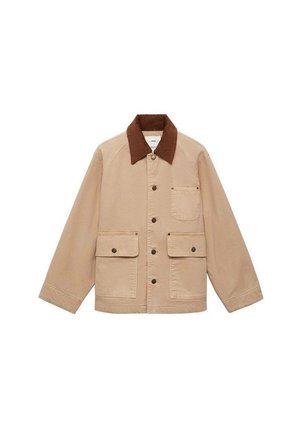Beige jacket with a brown corduroy collar. Features button closure, chest pocket, and two front pockets. Made from durable fabric.