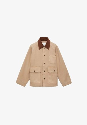 Beige jacka med krage i brunt kordtyg. Har knäppning med knappar, bröstficka och två framfickor. Tillverkad av slitstarkt material.