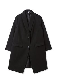 Cappotto nero a un bottone con rever, due bottoni, tasche a soffietto e maniche lunghe, completamente foderato all'interno.