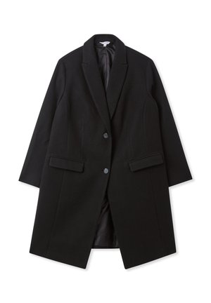 Cappotto nero a un bottone con rever, due bottoni, tasche a soffietto e maniche lunghe, completamente foderato all'interno.