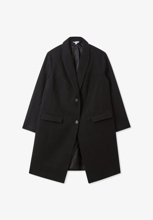 Cappotto nero a un bottone con rever, due bottoni, tasche a soffietto e maniche lunghe, completamente foderato all'interno.