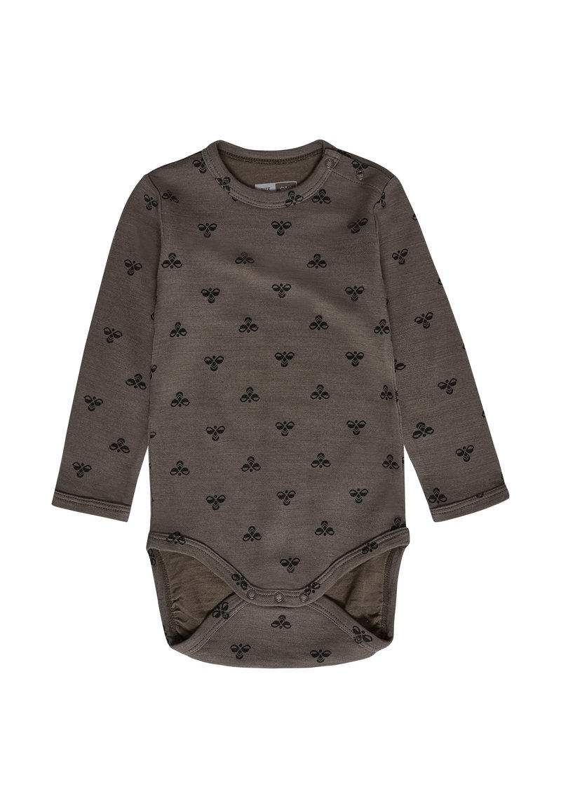 Långärmad brun bodysuit i mjukt tyg, prydd med ett upprepat svart mönster av små former. Har knapplås i botten.