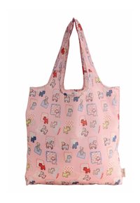 Večkratna nakupovalna torba iz roza blaga z vzorcem risanih psov in src. Gladka tekstura, dvojni naramni trakovi in prostoren dizajn.