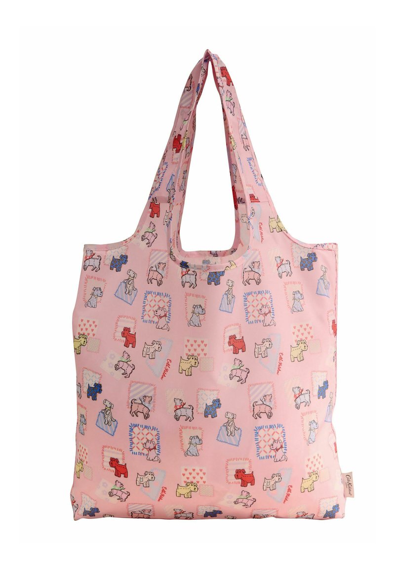 Večkratna nakupovalna torba iz roza blaga z vzorcem risanih psov in src. Gladka tekstura, dvojni naramni trakovi in prostoren dizajn.