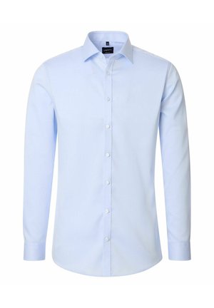 Lyseblå langærmet herreskjorte med knaplukning foran og klassisk krave, vist på en hvid baggrund.