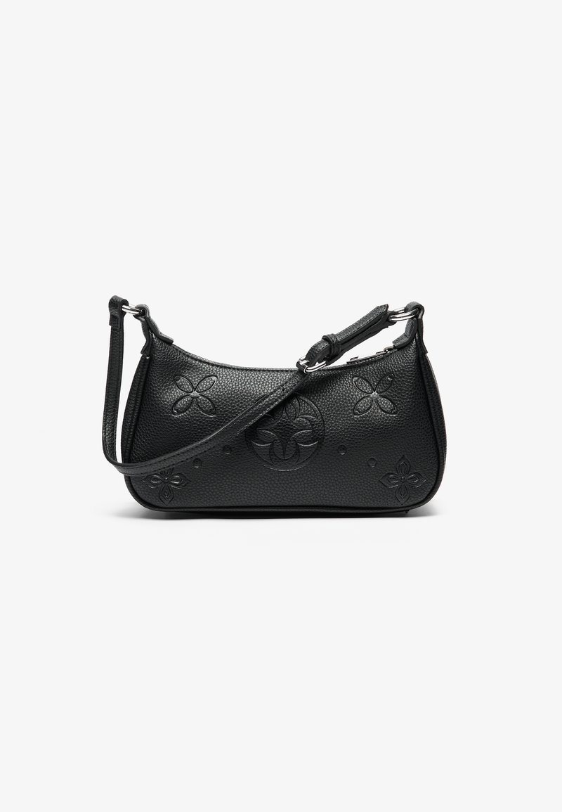 Black leather handbag with a textured finish, featuring embossed floral patterns and a short, adjustable shoulder strap.