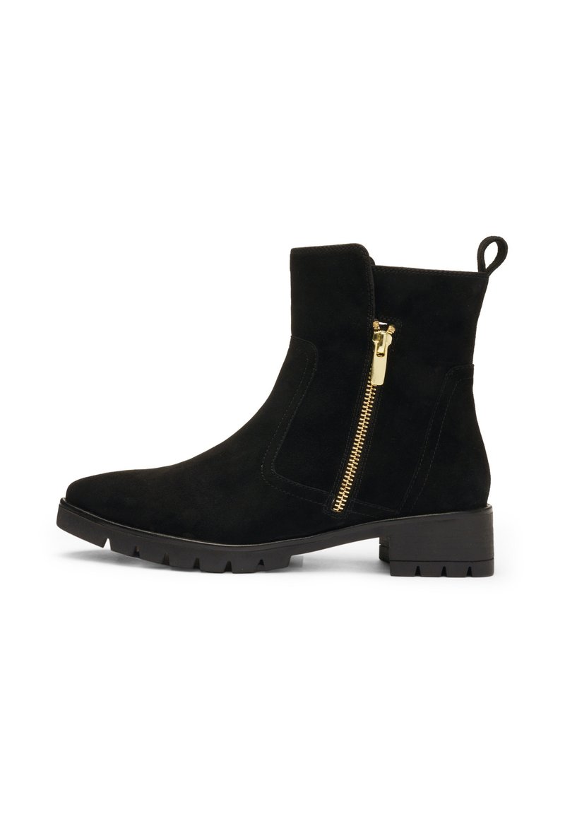 Black suede ankle boot with gold side zipper, pull tab at the back, chunky low heel, and rugged sole, shown in side profile on white background.