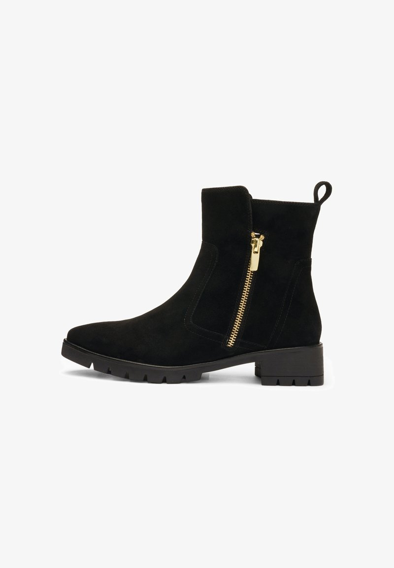 Black suede ankle boot with gold side zipper, pull tab at the back, chunky low heel, and rugged sole, shown in side profile on white background.