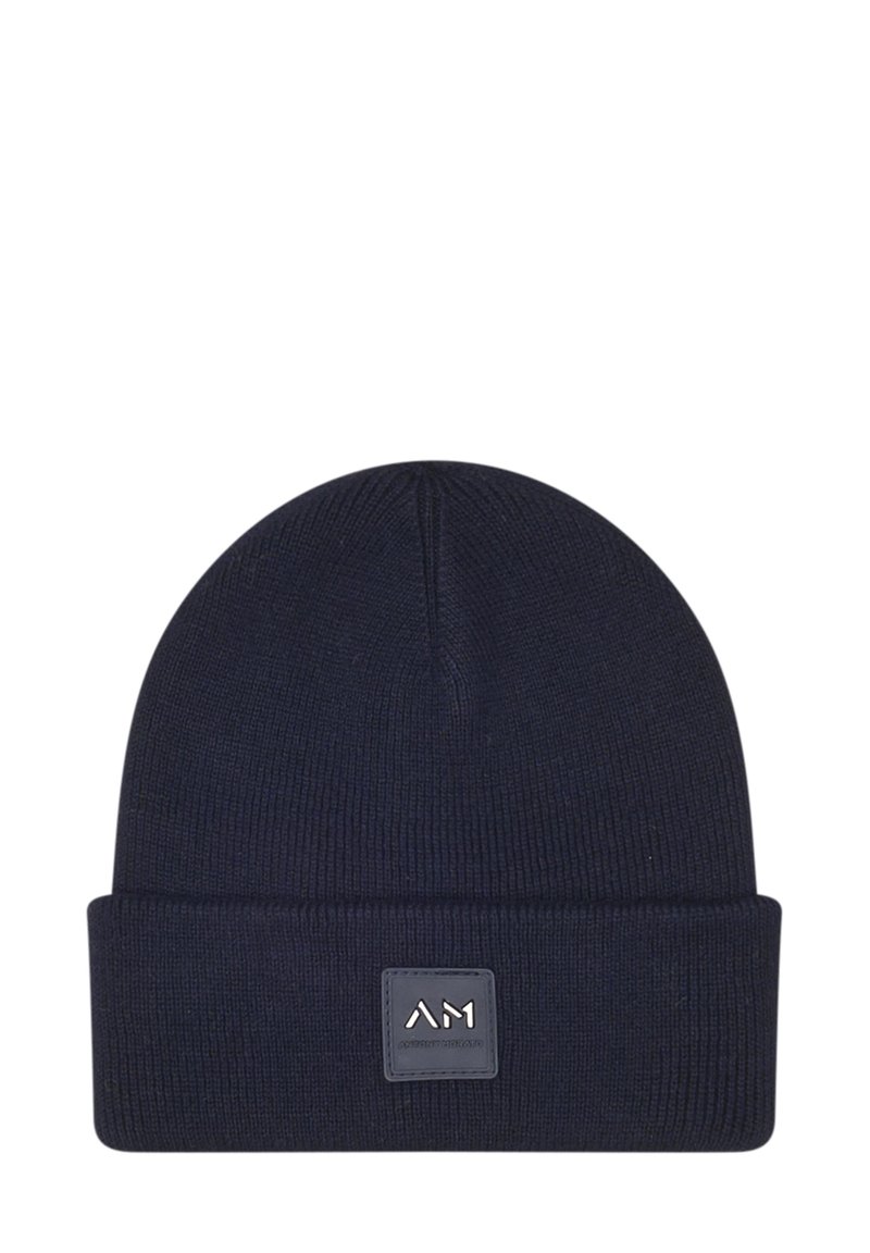 Berretto a maglia blu navy con risvolto, dotato di una patch in pelle quadrata con logo impresso. Tessuto morbido, vestibilità aderente.