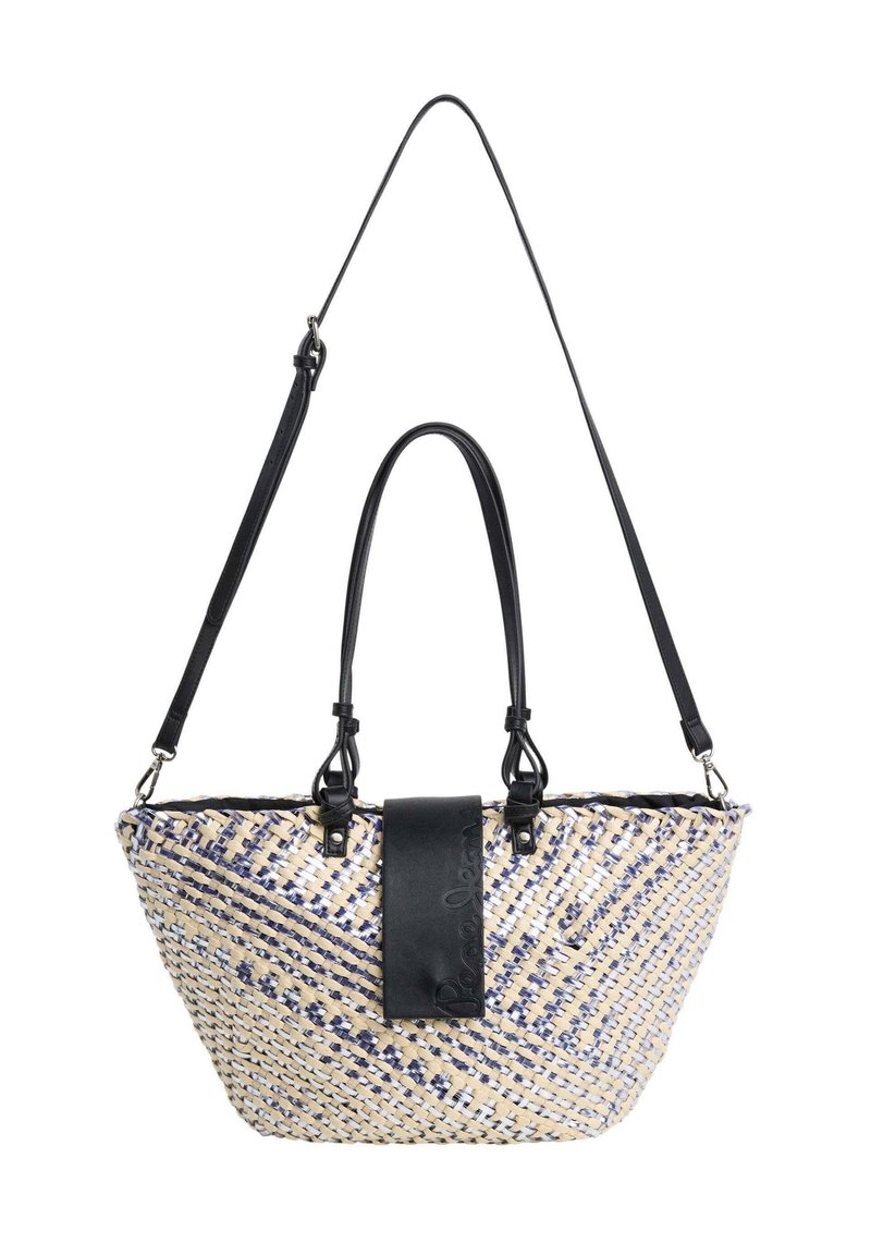 Borsa a tracolla in paglia intrecciata di colore crema e blu navy, con manici in pelle nera e un dettaglio in pelle nera con logo.