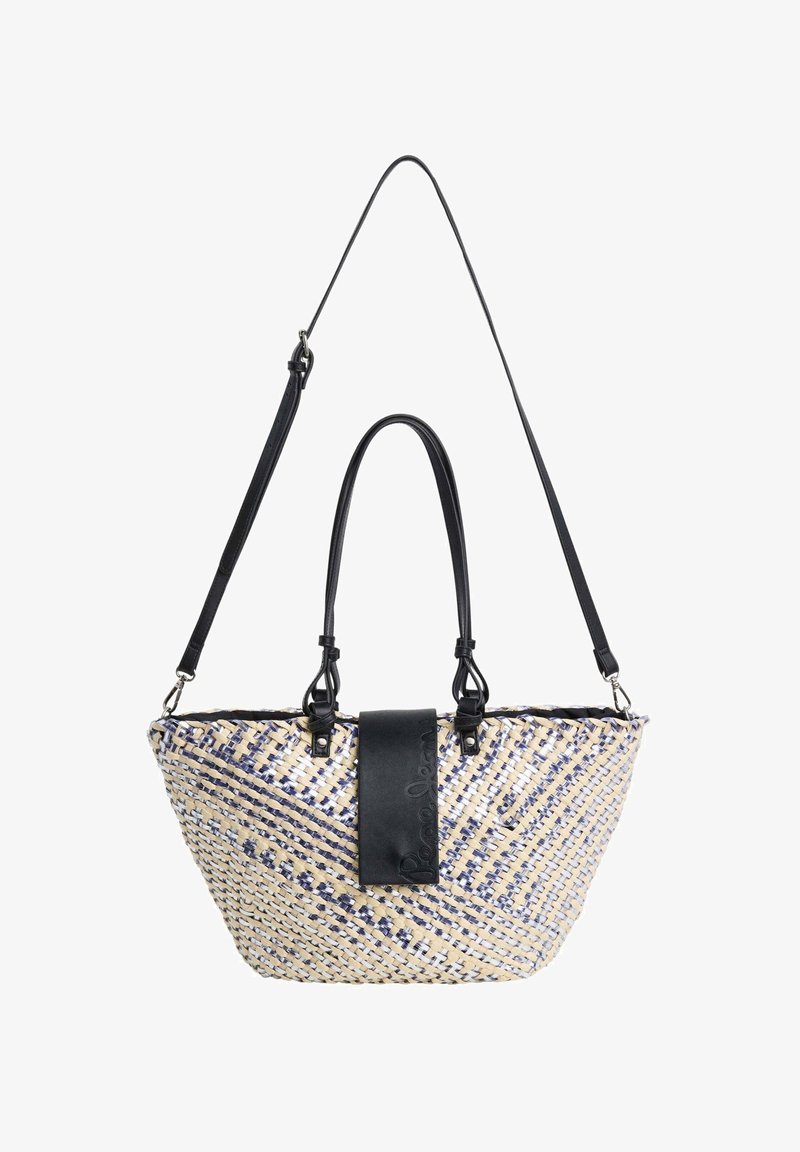 Kudottu olkalaukku luonnonvalkoisena ja tummansinisena, joissa on mustat nahkakäsittelyt ja musta nahka-akseli logotiedolla.