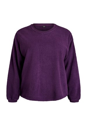 Purple long-sleeve fleece pullover with crew neck and ribbed cuffs, made from textured soft fabric, shown on a white background.