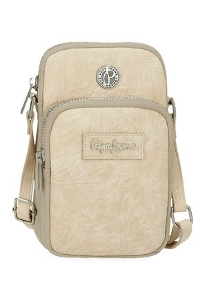 Bolso bandolera beige con dos compartimentos con cremallera, correa ajustable, textura floral sutil y logotipo metálico de Pepe Jeans en la parte delantera.