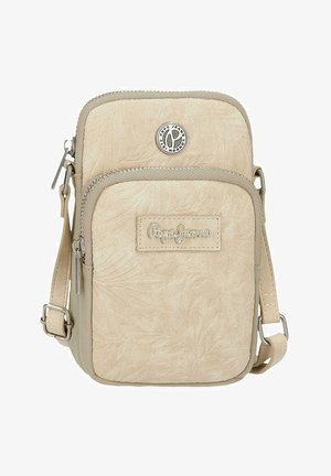 Bolso bandolera beige con dos compartimentos con cremallera, correa ajustable, textura floral sutil y logotipo metálico de Pepe Jeans en la parte delantera.