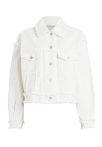 Giacca in denim bianco ritagliata con bordi sfrangiati, due tasche sul petto, bottoni a pressione argentati e colletto standard. Tessuto liscio.