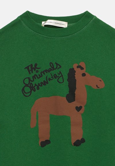 Felpa verde con girocollo, con un'illustrazione semplice di un cavallo marrone e testo nero sopra che recita "The Animals Observatory".
