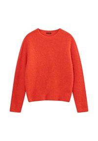 Maglione rosso in tessuto texturizzato con design a girocollo, caratterizzato da maniche lunghe e orlo leggermente corto. Materiale morbido e peloso.