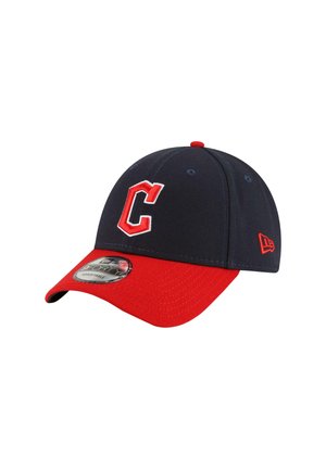 Navy blue cap with a red brim, featuring a white stitched "C" logo. Made of fabric with a textured surface and adjustable strap.