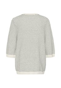 Haut en maille blanc avec des rayures horizontales noires, manches trois-quarts et col rond, vu de dos.