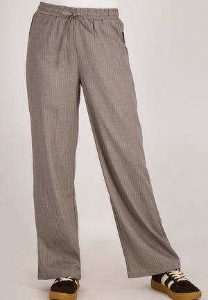 Grijze wijde broek met een subtiel streeppatroon, elastische tailleband en trekkoord. Voorzien van zijzakken en een relaxte pasvorm.