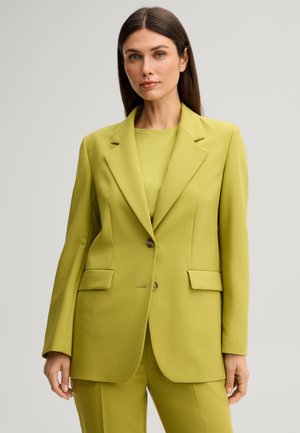 Donna con capelli lunghi e scuri che indossa un blazer verde lime e pantaloni abbinati, in piedi davanti a uno sfondo chiaro e uniforme.