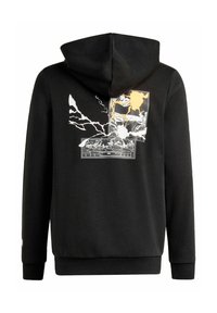 Felpa nera con cappuccio caratterizzata da un design grafico sul retro con accenti gialli e bianchi. Il tessuto sembra testurizzato, con una vestibilità standard e tasca a canguro.