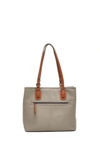 Grijze leren tote bag met twee bruine banden, een ritsvak aan de voorkant, een gestructureerd oppervlak en een rechthoekige vorm. Bevat decoratieve beslag.