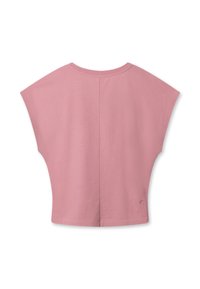 Pink oversized T-shirt, korte ærmer, rund halsudskæring, blødt bomuldsstof, med en centralt sømdetalje på ryggen, logo ved sømmen.