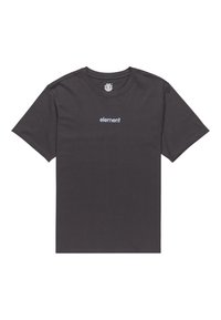 Schwarzes Baumwoll-T-Shirt mit Rundhalsausschnitt und kurzen Ärmeln; mit "element" in Hellblau auf der Brust bedruckt. Einfaches, klassisches Design.