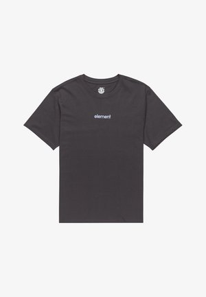Schwarzes Baumwoll-T-Shirt mit Rundhalsausschnitt und kurzen Ärmeln; mit "element" in Hellblau auf der Brust bedruckt. Einfaches, klassisches Design.