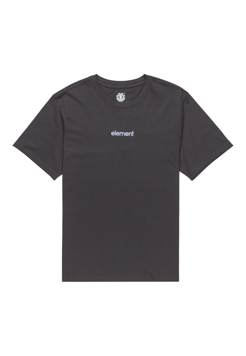 Schwarzes Baumwoll-T-Shirt mit Rundhalsausschnitt und kurzen Ärmeln; mit "element" in Hellblau auf der Brust bedruckt. Einfaches, klassisches Design.