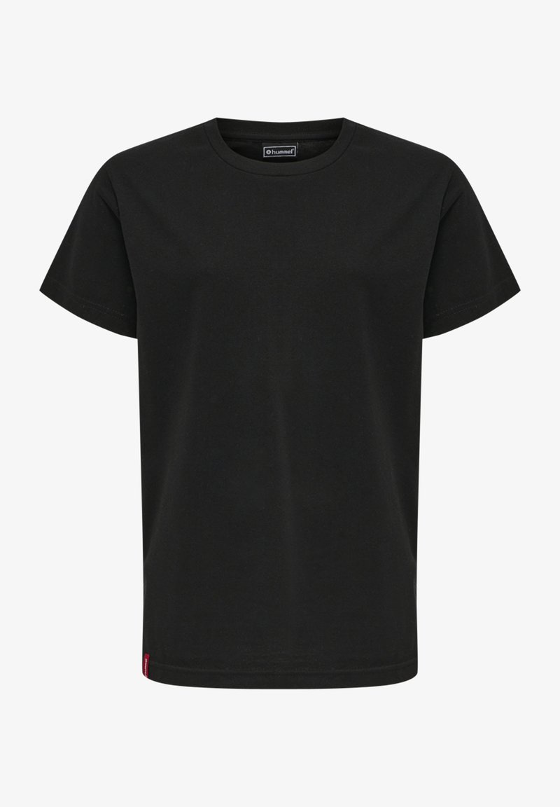 Czarna bawełniana koszulka z okrągłym dekoltem i krótkimi rękawami. Prosty krój z małą metką logo na dołku. Standardowy fason.