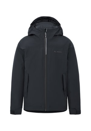 Zwarte jas met capuchon, voorrits, twee zijzakken en een logo op de borst, ontworpen voor buitenshuis dragen.
