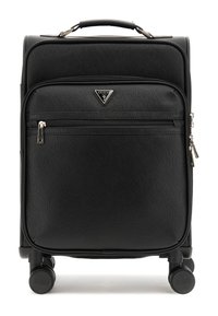 Schwarze Handgepäcktasche mit strukturiertem Oberflächen, Reißverschluss-Vorderfach, Guess-Logo und vier Rädern für Mobilität. Kompakte und rechteckige Form.