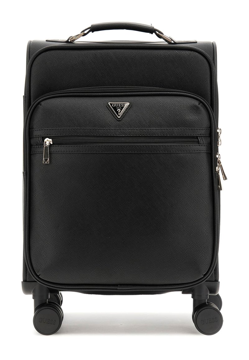 Schwarze Handgepäcktasche mit strukturiertem Oberflächen, Reißverschluss-Vorderfach, Guess-Logo und vier Rädern für Mobilität. Kompakte und rechteckige Form.