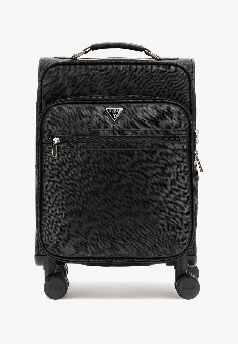 Schwarze Handgepäcktasche mit strukturiertem Oberflächen, Reißverschluss-Vorderfach, Guess-Logo und vier Rädern für Mobilität. Kompakte und rechteckige Form.