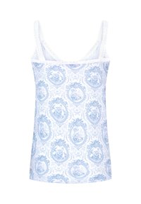 Blue and white floral-patterned tank top with thin straps and ruffled trim along the neckline, made of lightweight fabric.